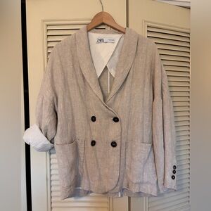 Zara Double-Breasted Linen Blend Jacket in Light Tan Size M oversized styling